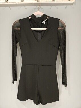 Charlotte Russe Black Mesh-Sleeve V-Neck Romper